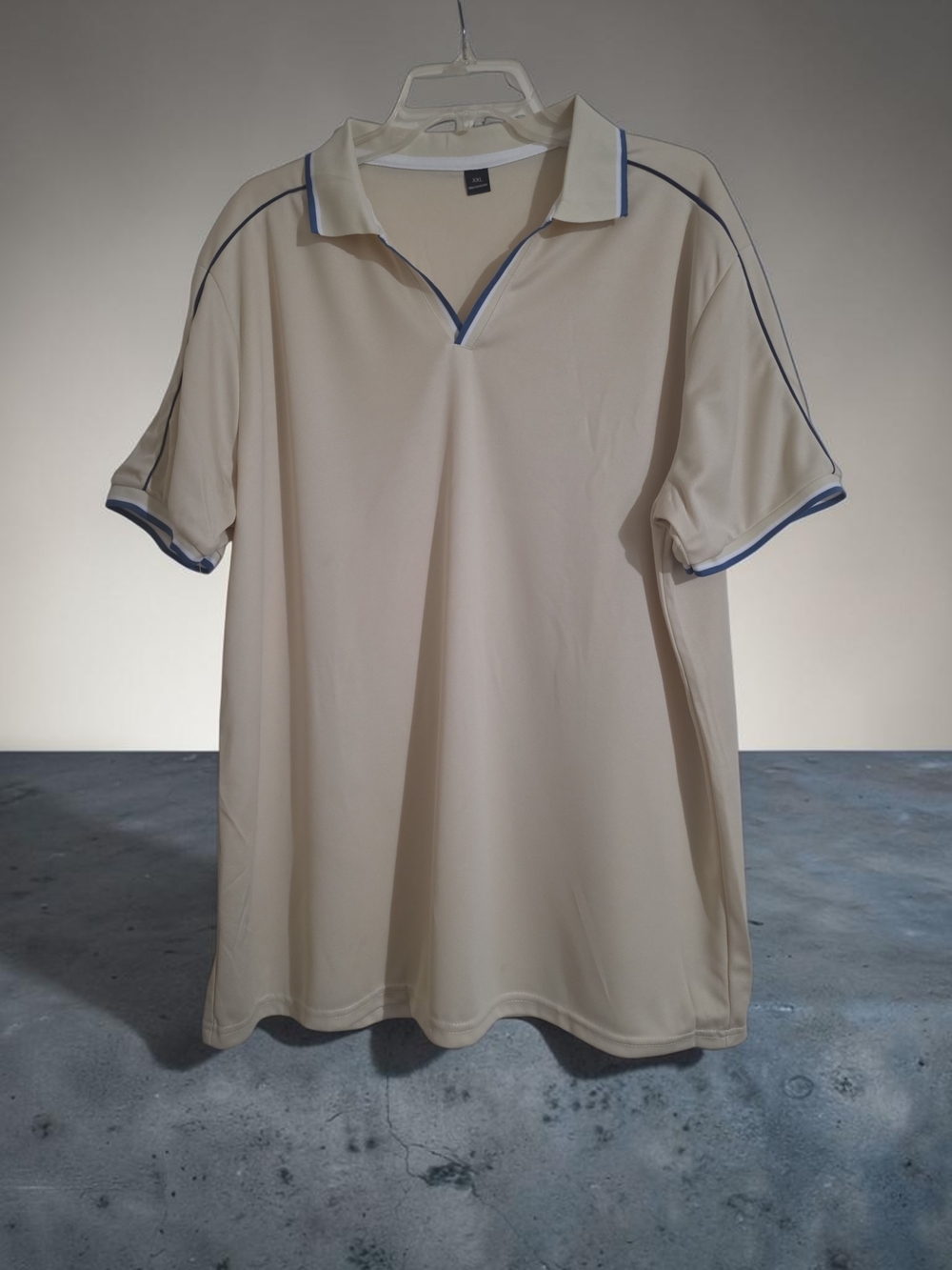Mens Beige V-Neck Polo Shirt Short Sleeve Blue Trim Athletic Top XXL fits XL